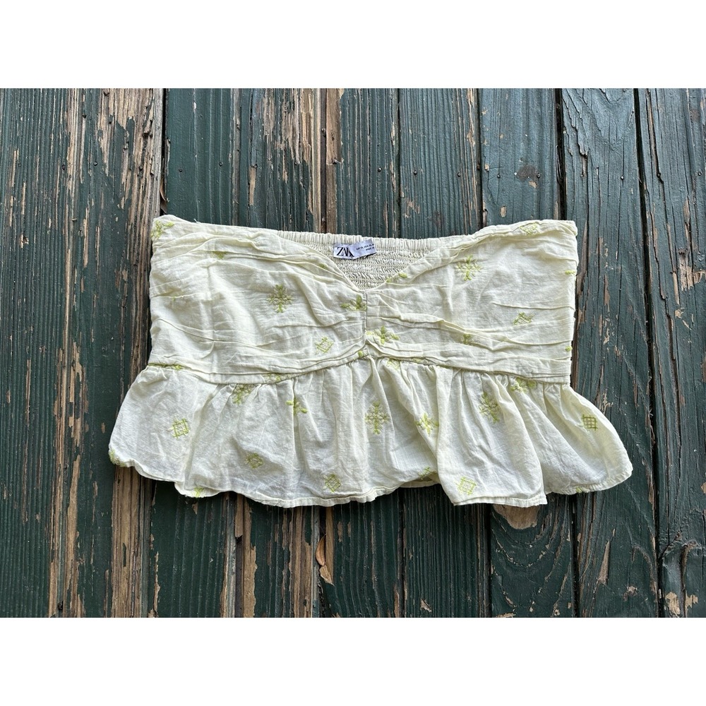 Zara Women's‎ Size XL Embroidered Strapless Top in Pale Yellow Green